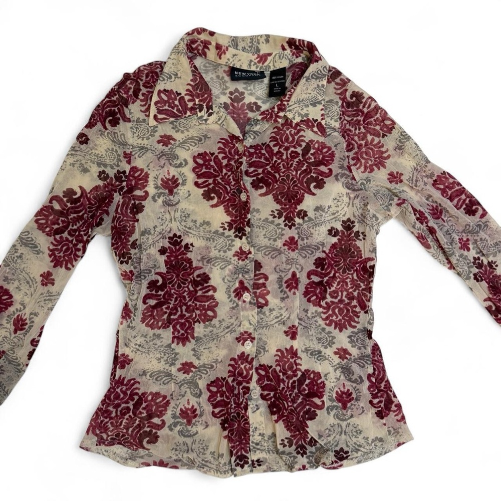 Retro NY&CO Mesh Button Up Tan/Maroon Boho Top - Picture 3 of 4